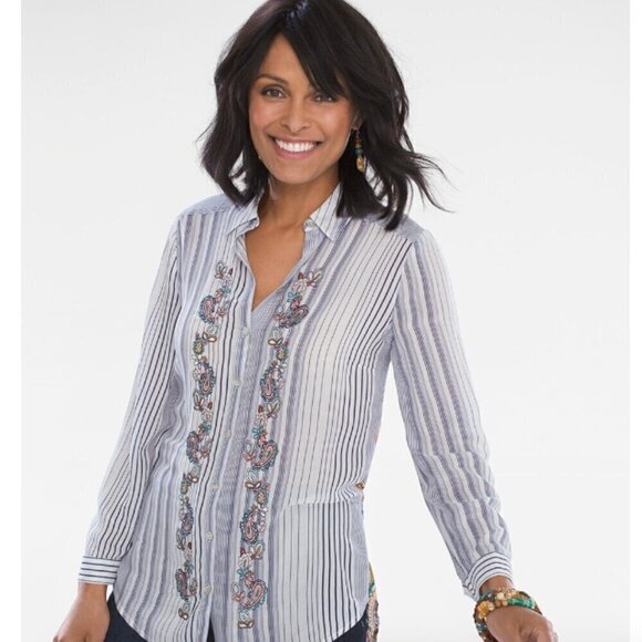 Chico's Striped Medallion Tunic Sz 2P (12/14P) Mixed Media Embroidered 294C - Picture 1 of 11